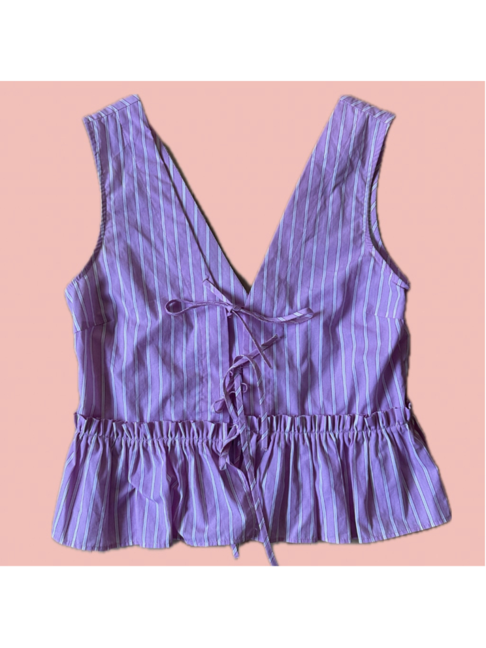 Zara Pink Striped Cotton Peplum Top Lace Up Front Size S
